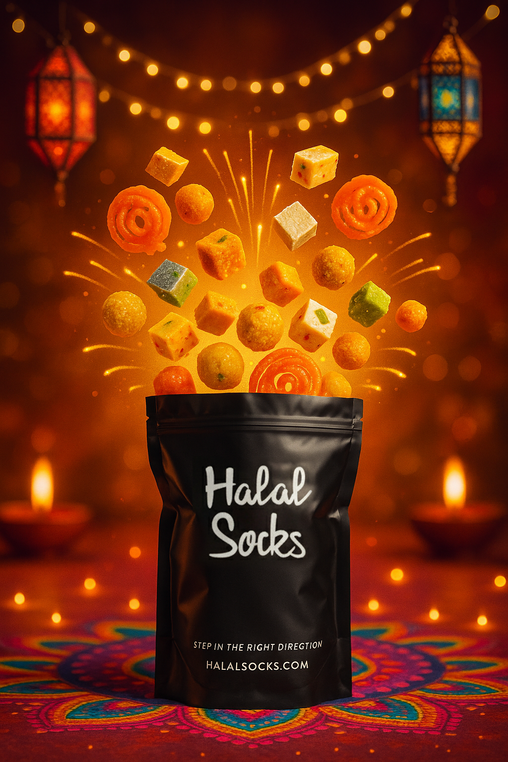 Black Halal Socks bag with colorful Mithai spilling out against a festive background.