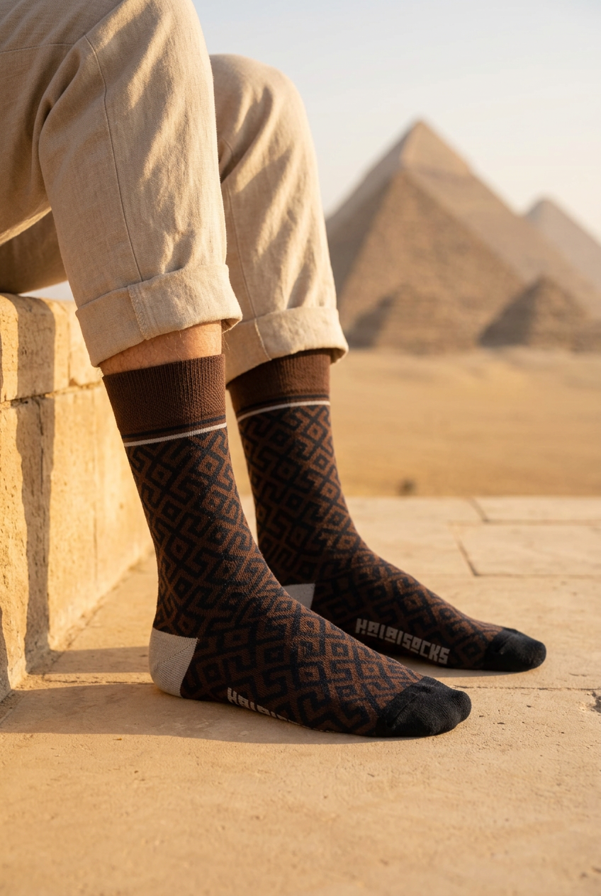 Halal Socks Cairo socks worn against a sunlit Egyptian pyramids background