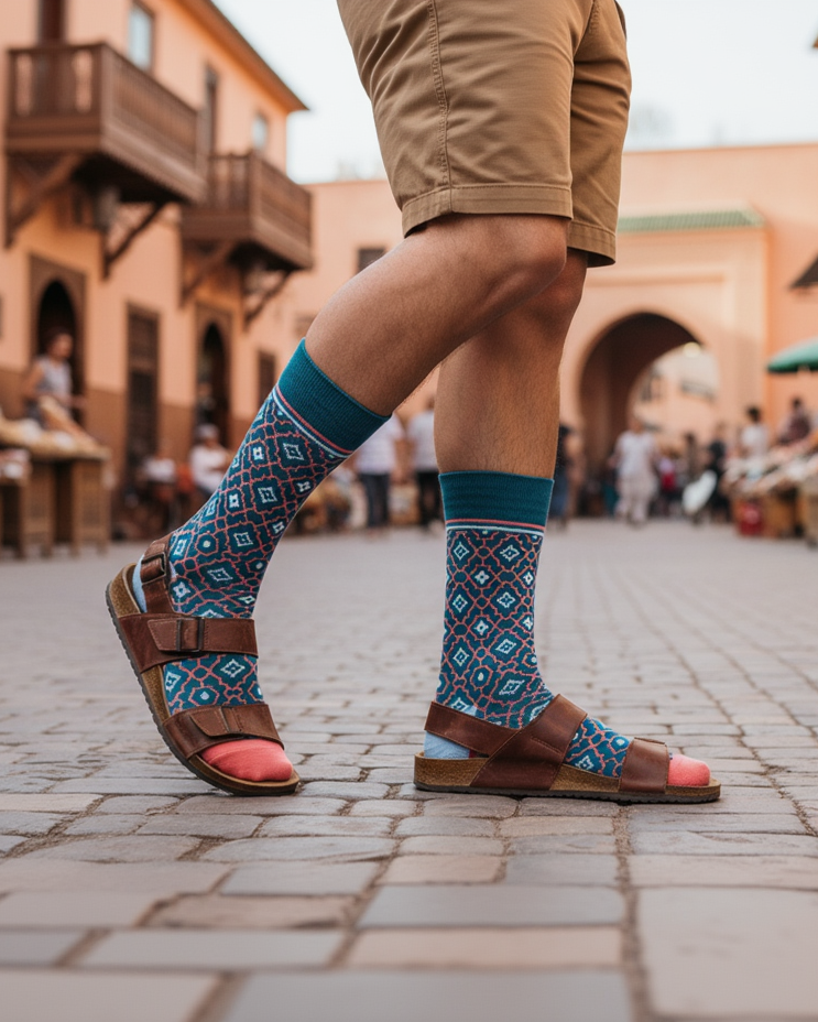 Man wearing Halal Socks Marrakech socks with sandals
