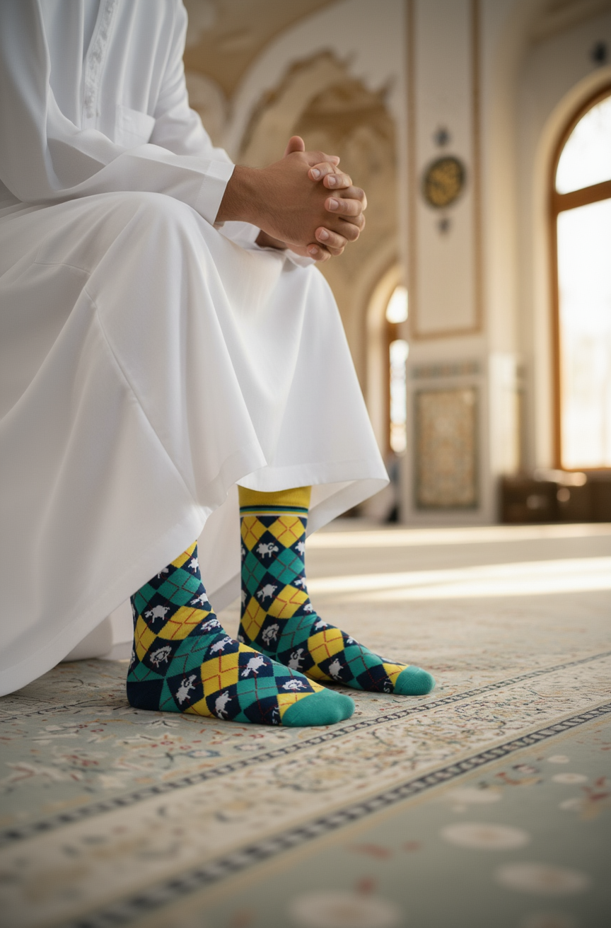 Person wearing Halal Socks Mubaahrak Sheep socks, an Eid al-Adha gift idea