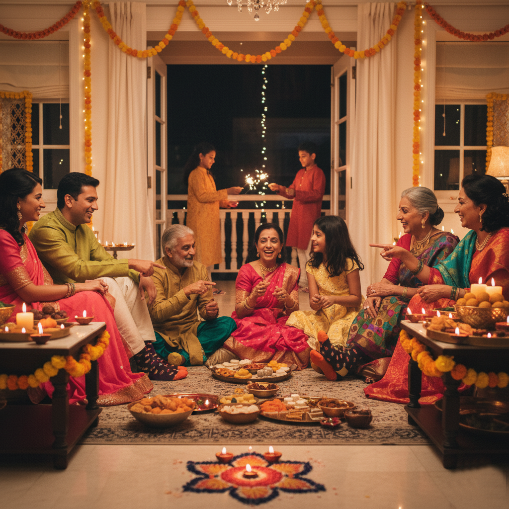 Family celebrating Diwali with traditional decorations and lighting.